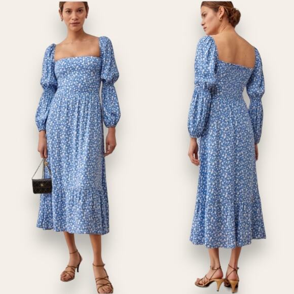 Reformation Dresses & Skirts - Reformation Mica Floral Print Midi Dress Long Sleeve Square Neck Blue 0 Women’s